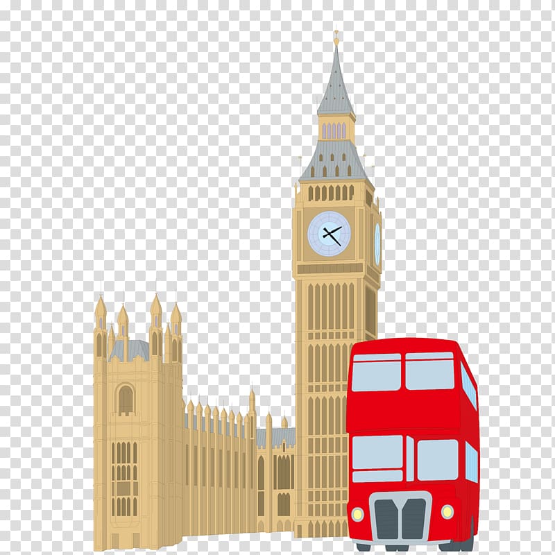red double-decker bus illustration, Big Ben Bus, Big Ben London Bus creatives transparent background PNG clipart