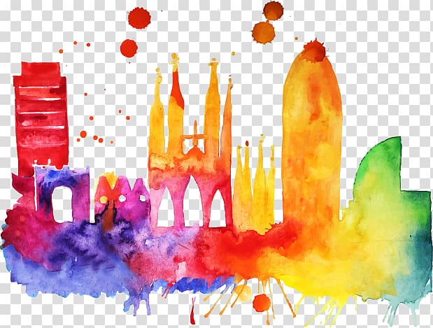 Barcelona Skyline Watercolor painting Art, Watercolor ink dot city building transparent background PNG clipart