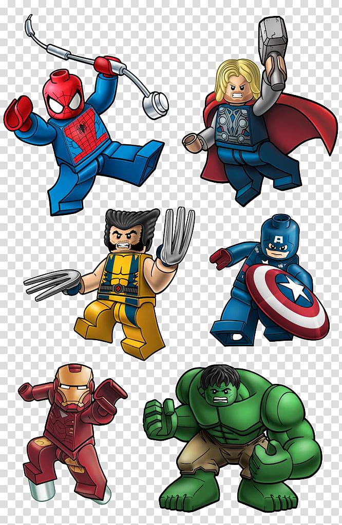 six Superheroes Lego illustrations, Lego Marvel Super Heroes Wolverine Deadpool Lego Marvel\'s Avengers Captain America, St Patricks Day Poster transparent background PNG clipart