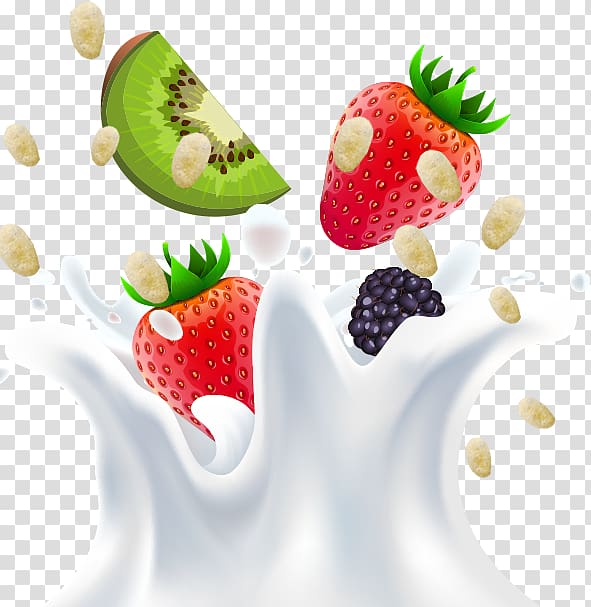 fruits dropped in milk illustration, Strawberry Milk Kiwifruit, Creative fruit milk transparent background PNG clipart