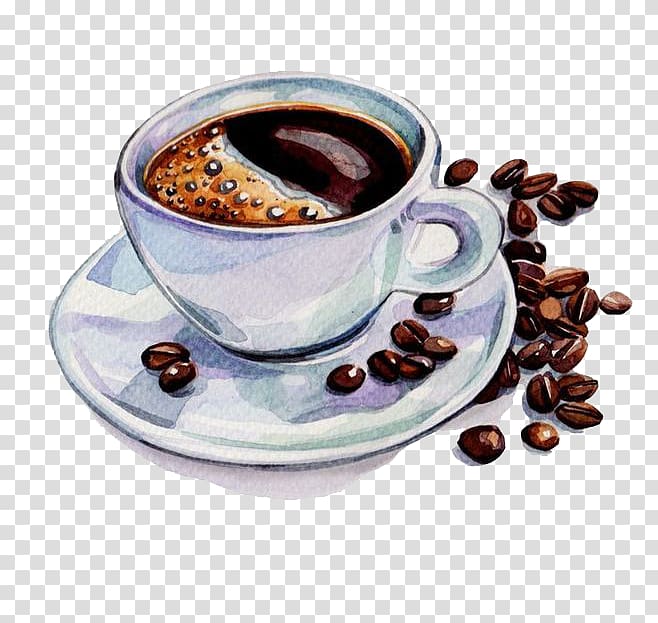 coffee on cup and saucer, Coffee Tea Cafe Watercolor painting Drawing, Hand-painted watercolor coffee and coffee beans transparent background PNG clipart
