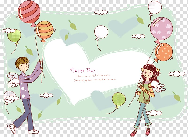 Cartoon Falling in love couple Illustration, Cartoon couple holding balloons transparent background PNG clipart