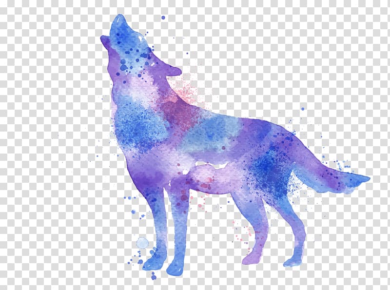 purple and blue wolf painting , Gray wolf Watercolor painting Printmaking Printing, Watercolor Wolf transparent background PNG clipart