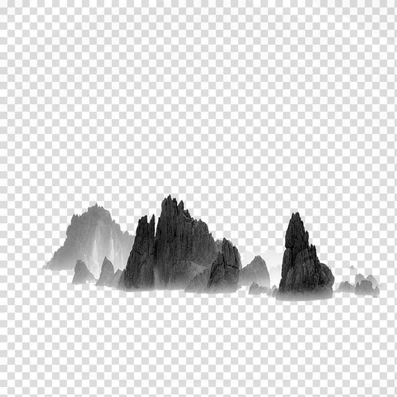 black and gray mountains , Landscape Black and white Minimalism Fine-art , Hand painted ink painting mountain material transparent background PNG clipart