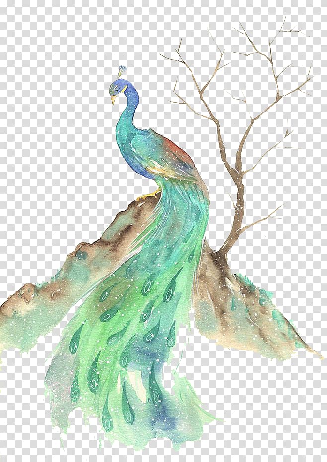 green peacock on tree, Bird Peafowl Watercolor painting, Watercolor Peacock transparent background PNG clipart