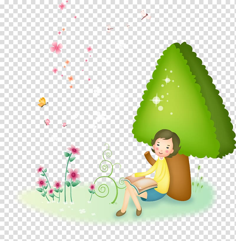 Cartoon Euclidean Illustration, Little girl leaning tree illustration transparent background PNG clipart