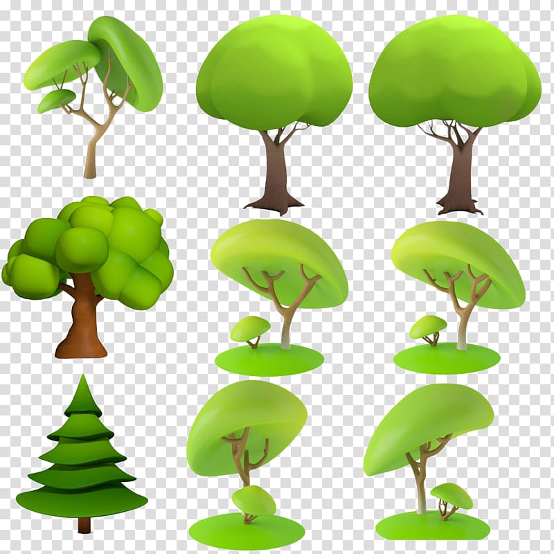 green leafed trees illustration collage, Three-dimensional space Animation Tree, Cartoon 3D Trees transparent background PNG clipart