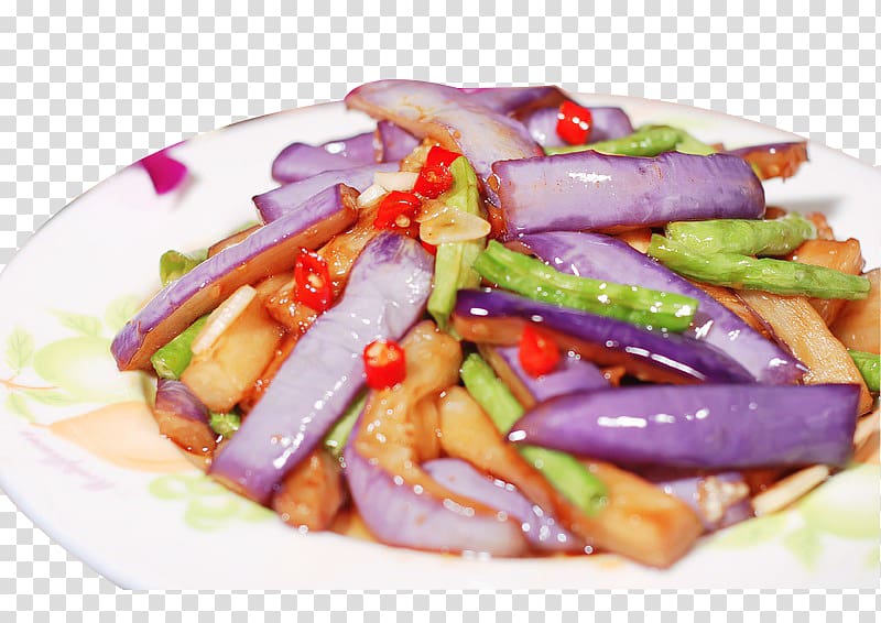Sweet and sour Side dish Vegetable Fried Eggplant with Chinese chili sauce, Eggplant beans transparent background PNG clipart