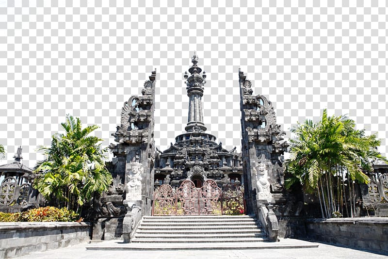 green palm tree near at temple, Tanah Lot Bali Museum Bajra Sandhi Monument Kintamani, Bali, Bali Museum travel transparent background PNG clipart