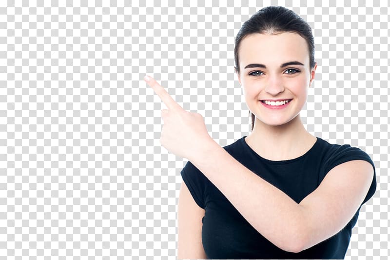woman pointing to her right , Smiling Young Girl Female, girl transparent background PNG clipart