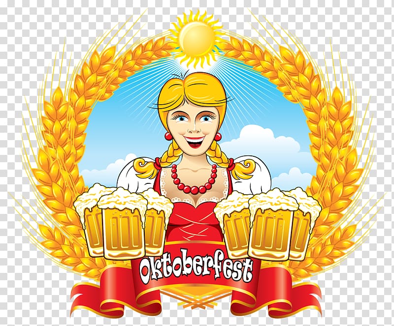 Oktoberfest illustration, Oktoberfest Beer glassware , Oktoberfest Girl with Beer Mugs and Wheat transparent background PNG clipart