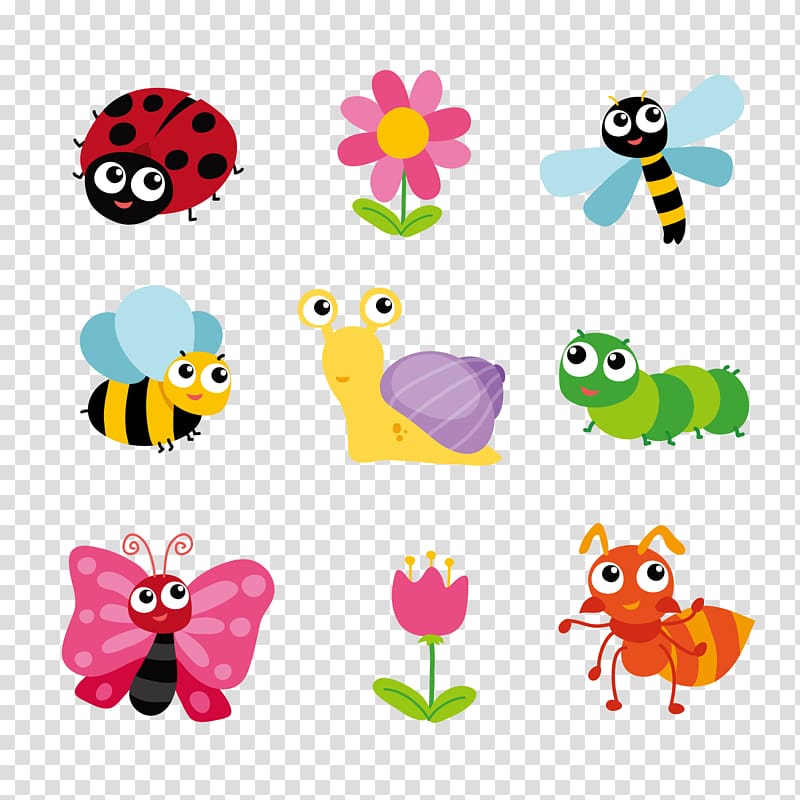 assorted-color insect illustrations, Insect Butterfly Ant Caterpillar, Cute insect and floral transparent background PNG clipart