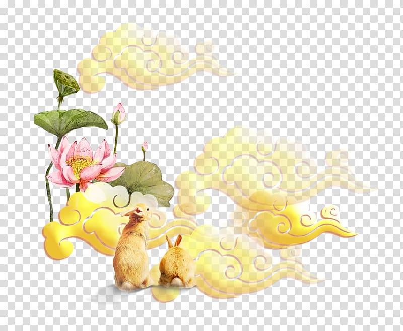 two rabbits, clouds, and flowers , Mid-Autumn Festival transparent background PNG clipart