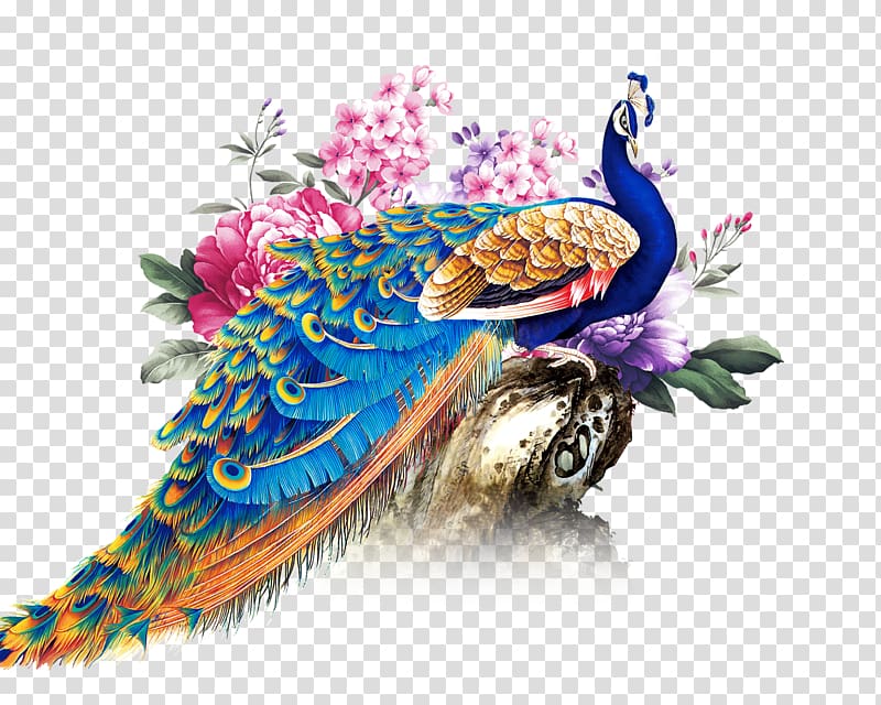 blue and multicolored peacock illustration, China Paper Peafowl, China Wind Peacock transparent background PNG clipart