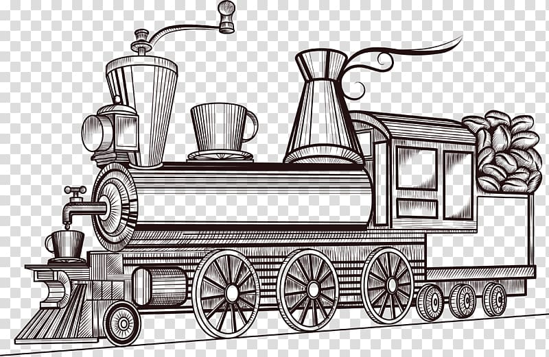 Coffee Cafe Train Poster Illustration, Retro steam train transparent background PNG clipart