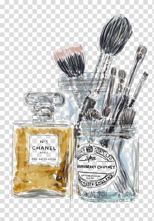 illustration of Chanel perfume bottle and makeup brushes, Chanel No. 5 Perfume Cosmetics Coco, Perfume and make-up brushes transparent background PNG clipart