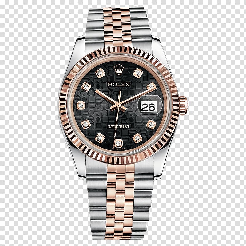 round gold-colored Rolex analog watch with link band, Rolex Datejust Watch Diamond Source NYC Jewellery, Black Rolex watch male watch transparent background PNG clipart