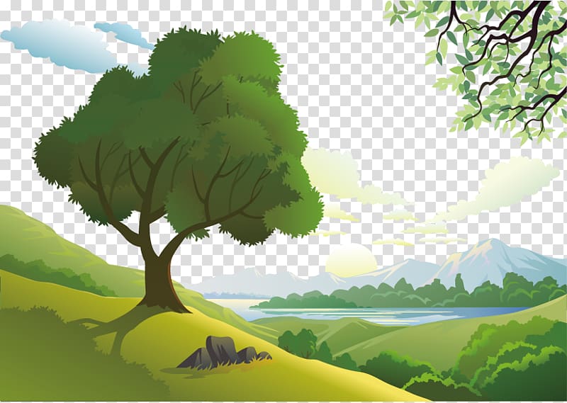 green trees under cloudy sky illustration, Natural landscape Euclidean Nature, Landscape element transparent background PNG clipart