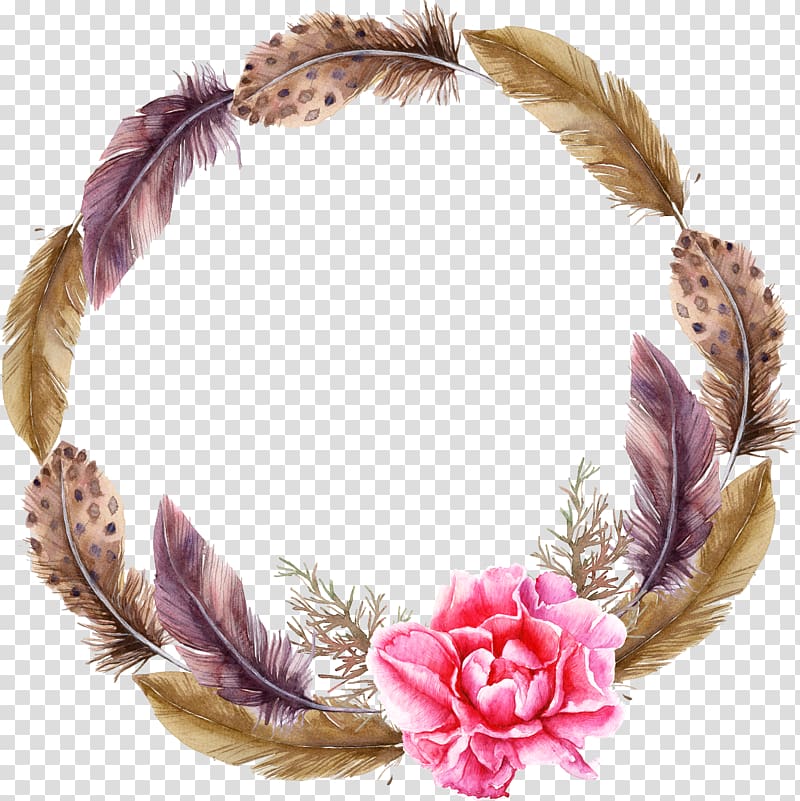 brown feather wreath illustration, Wreath Watercolor painting Garland, Feather wreath transparent background PNG clipart