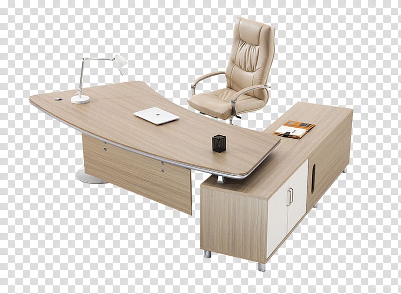 brown wooden desk with desk lamp near chair, Table Furniture Desk Office Chair, Simple office furniture transparent background PNG clipart