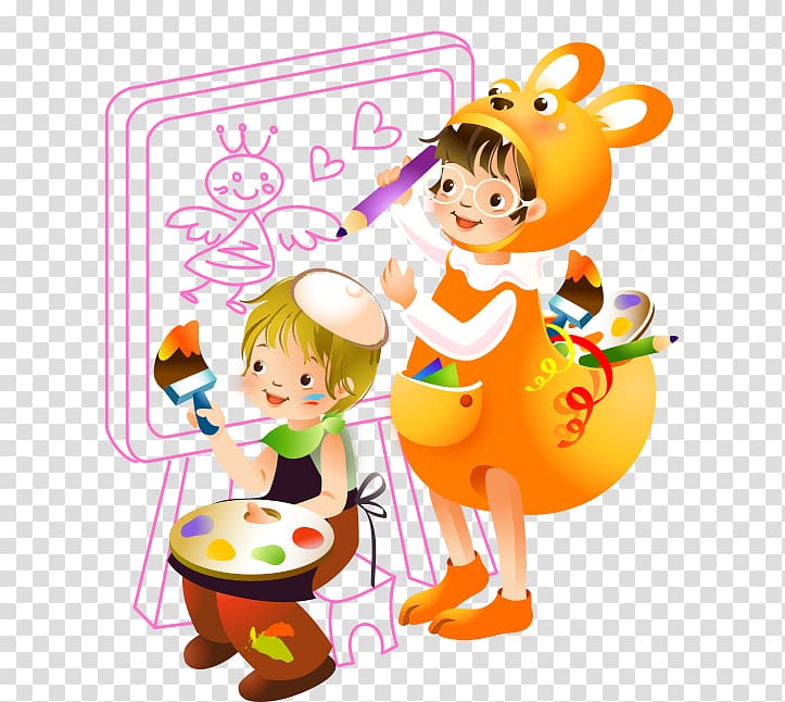 two children illustration, Caricature Drawing Cartoon, Children learn to draw cartoon hand-painted color drawing board transparent background PNG clipart