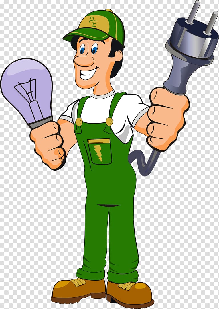 man holding light bulb and power socket character illustration, Electrician Cartoon , plumber transparent background PNG clipart