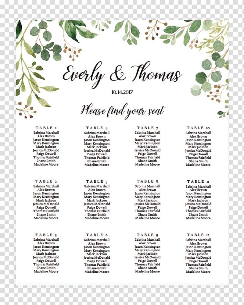green leaves background with text overlay, Wedding invitation Seating plan Template Table Microsoft Word, Watercolor With Golden Script Names Wedding Invita transparent background PNG clipart