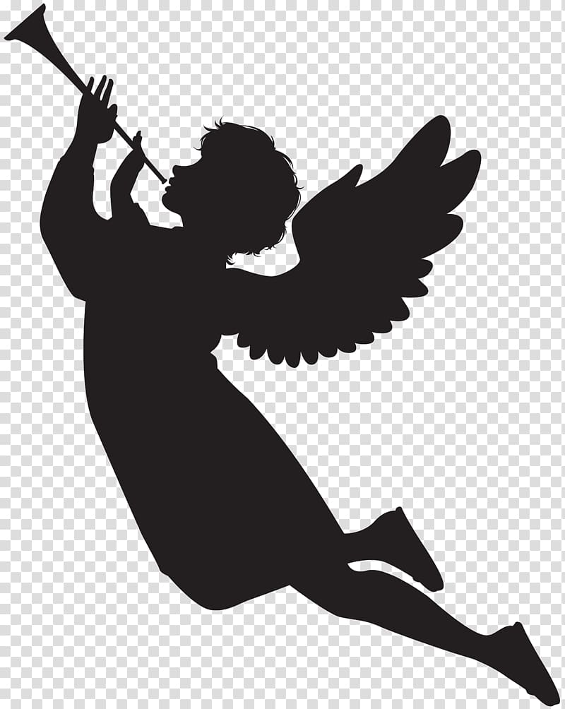 silhouette of cupid, Angel Silhouette , Angel with Fanfare Silhouette transparent background PNG clipart