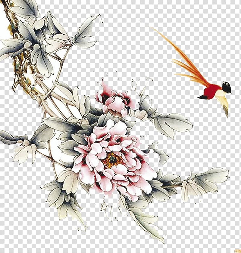 Ink wash painting Gongbi Bird-and-flower painting, peony transparent background PNG clipart