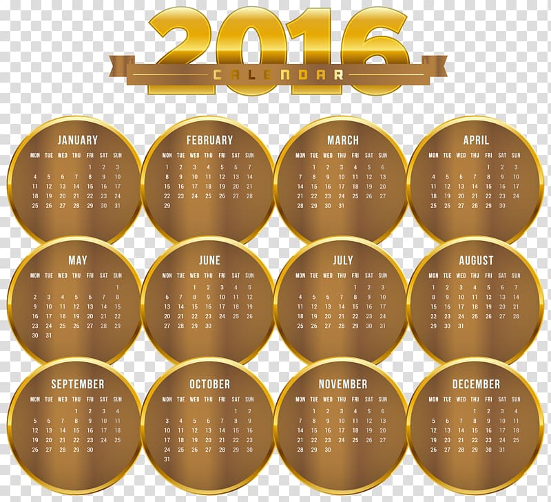 2016 calendar illustration, Lunar calendar Time, Gold 2016 Calendar transparent background PNG clipart