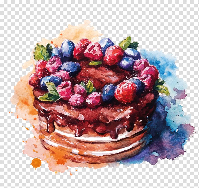 chocolate cake illustration, Layer cake Watercolor painting Drawing, Drawing Strawberry Cake transparent background PNG clipart