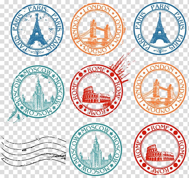 assorted-color logo lot collage, Postage stamp Travel visa , Sights of the world postmark stamp transparent background PNG clipart