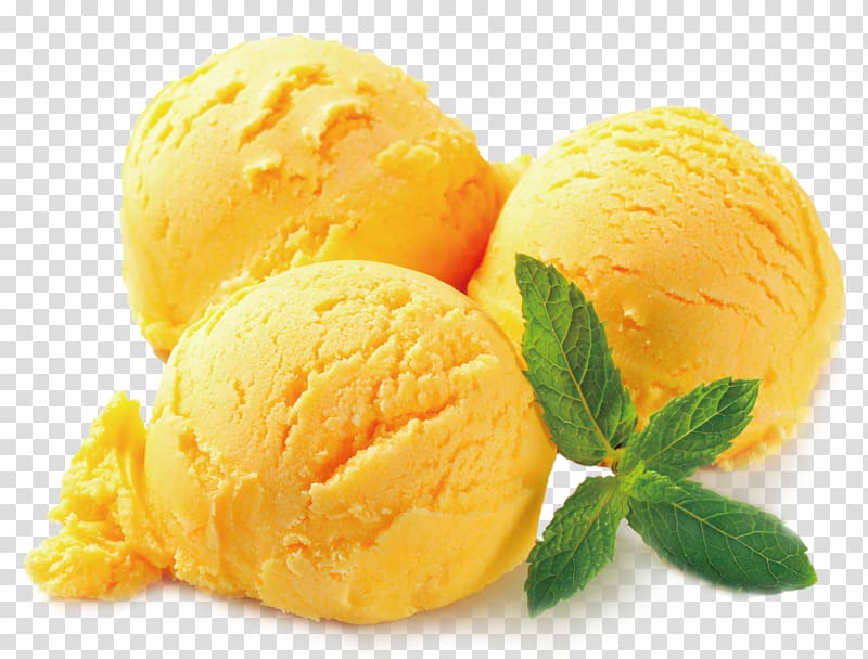 ice cream dessert, Ice cream Smoothie Gelato Sorbet, Yellow mango ice cream ball mint leaves transparent background PNG clipart