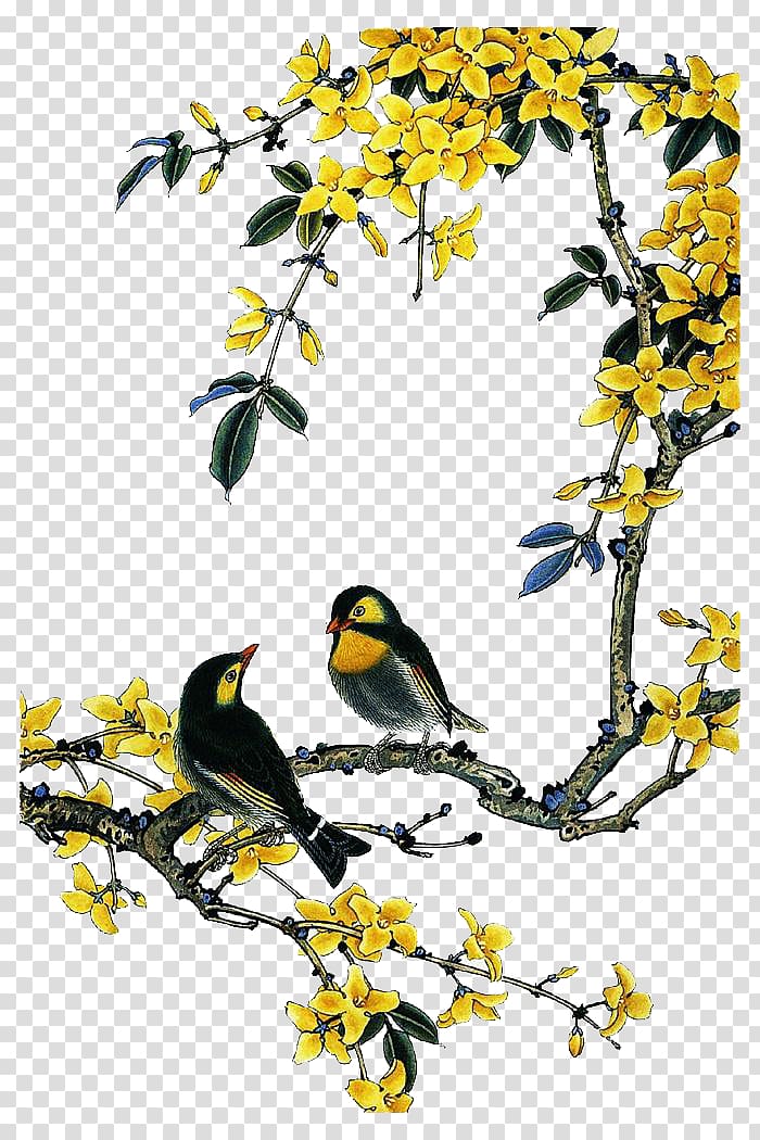two black birds on gray tree branch painting, Bird-and-flower painting Chinese painting, Chinese painting flowers and birds transparent background PNG clipart