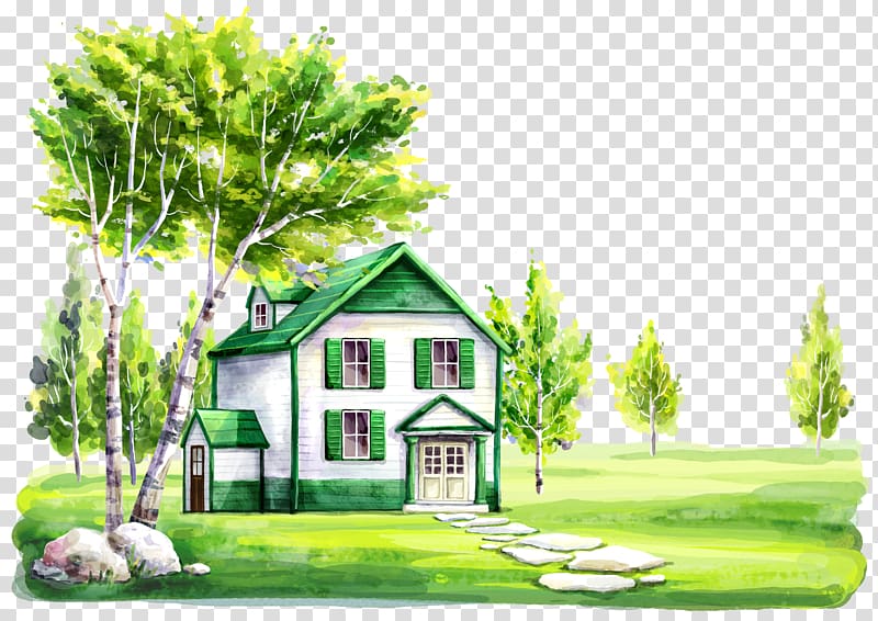 white and green wooden house near tree, graphic studio Child , Green Home transparent background PNG clipart