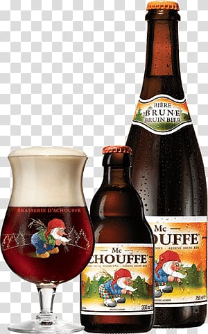 Biere Brune Bruinbier Mc Chouffe bottle and glass, La Chouffe Brown Glass Bottle transparent background PNG clipart