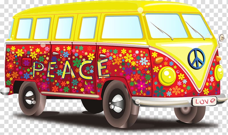 yellow and red floral peace bus illustration, VW Peace RV transparent background PNG clipart