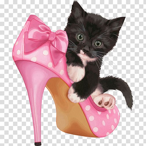 black kitten on top of pink-and-white polka-dot stiletto illustration, Birthday cake Wish Beauty Party, Black Cat transparent background PNG clipart