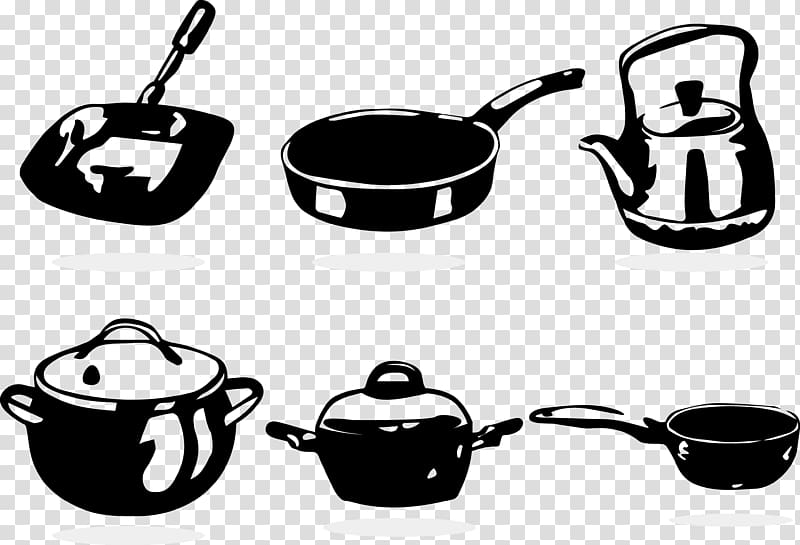 Red cooking Frying pan Cookware and bakeware, black and white cooking pot transparent background PNG clipart