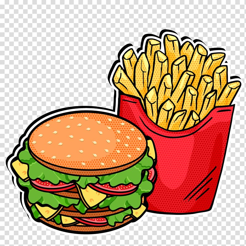 burger and French fries illustration, Fast food French fries Hamburger Pop art, Burger and fries transparent background PNG clipart