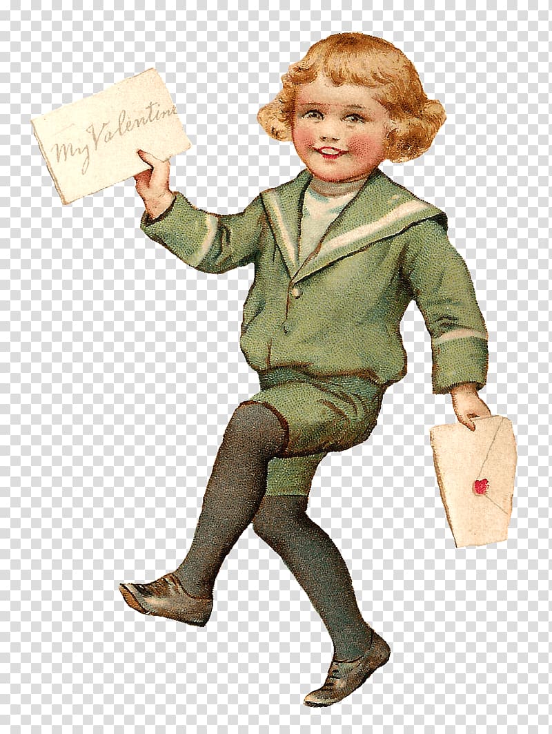 girl holding mail illustration, Vintage Boy With Valentine Letter transparent background PNG clipart