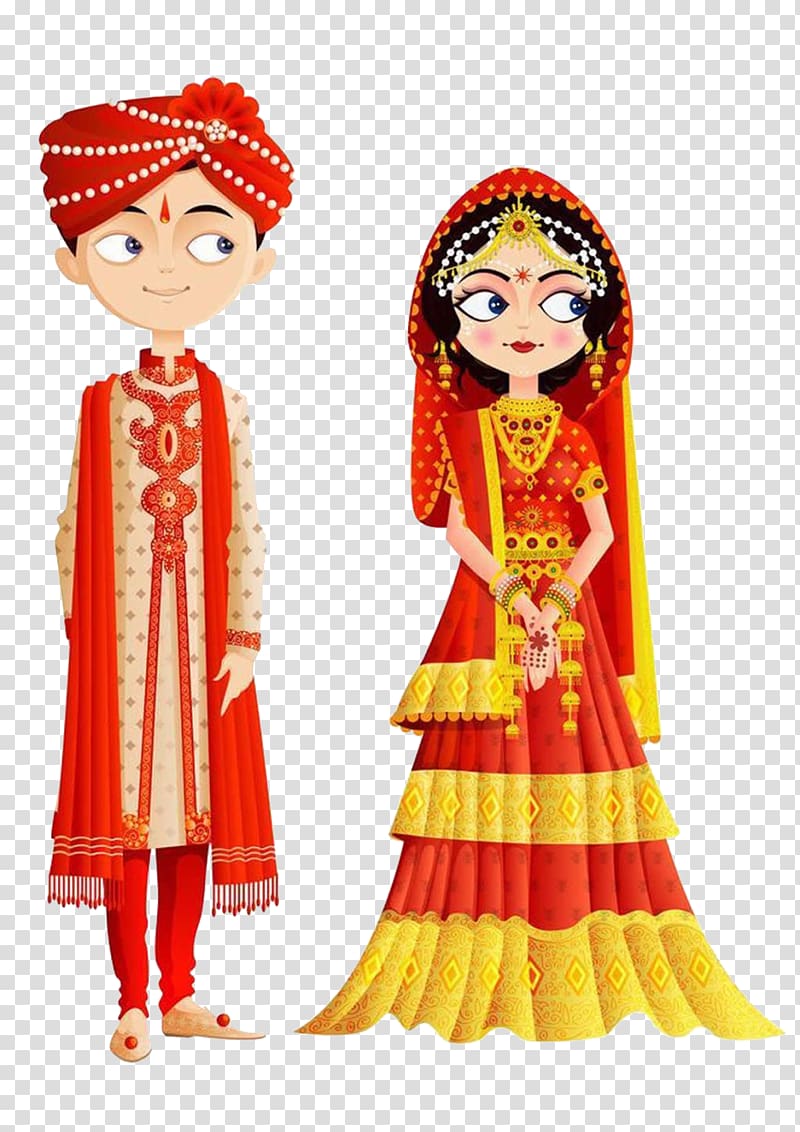 India Wedding invitation Bride , Traditional Indian Wedding Dress, man and woman wearing traditional dress artwork transparent background PNG clipart