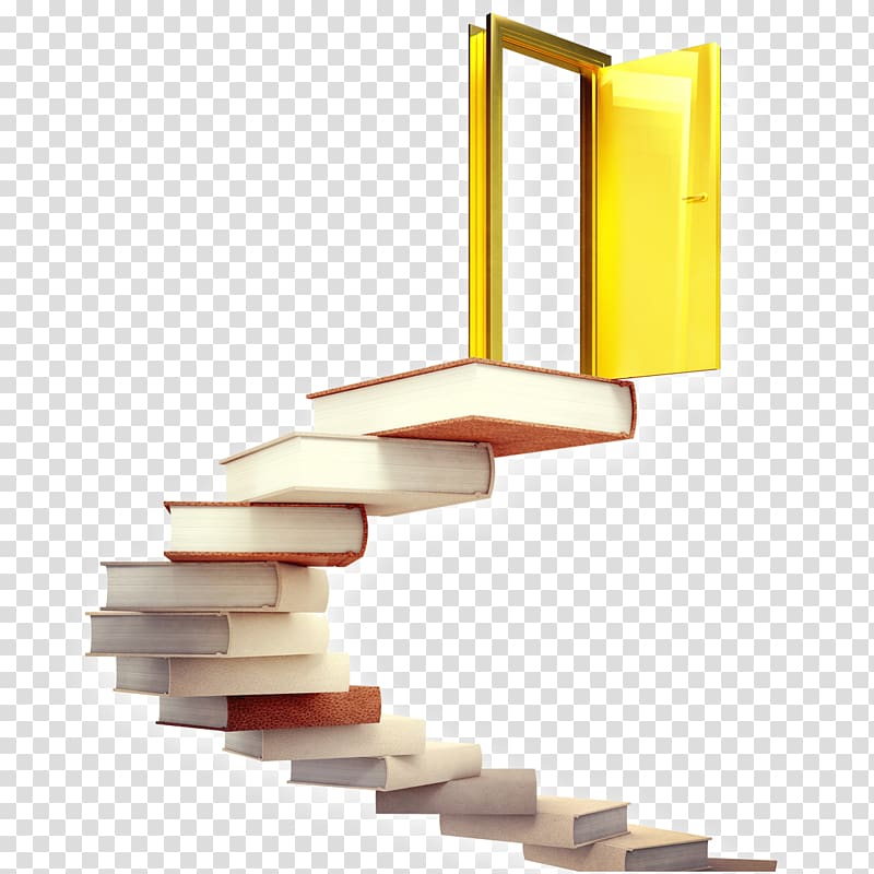 books forming staircase leading up to open door illustration, Door Knowledge Stairs illustration, Books and doors transparent background PNG clipart