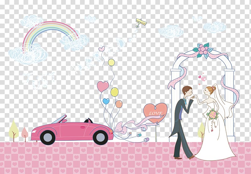 Just Married illustration, Marriage Wedding, Cartoon wedding couple creative wedding car pink transparent background PNG clipart