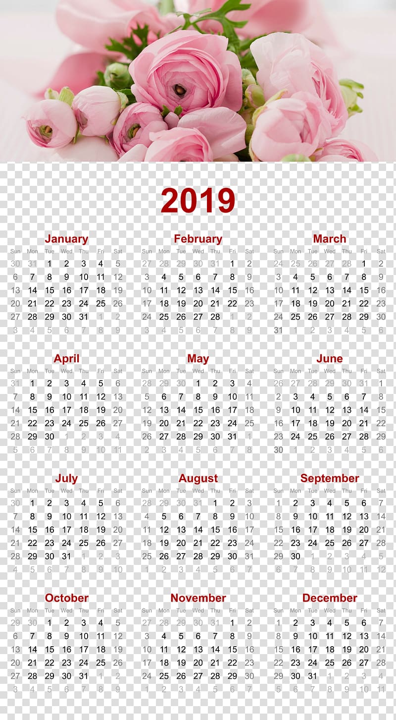 2019 printable calendar, roses flower design., others transparent background PNG clipart