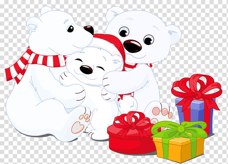 three bear near gift boxes illustration, Polar bear Christmas , Polar Bears with Gifts transparent background PNG clipart