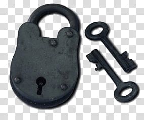 black padlock and two skeleton keys, Black Vintage Padlock transparent background PNG clipart