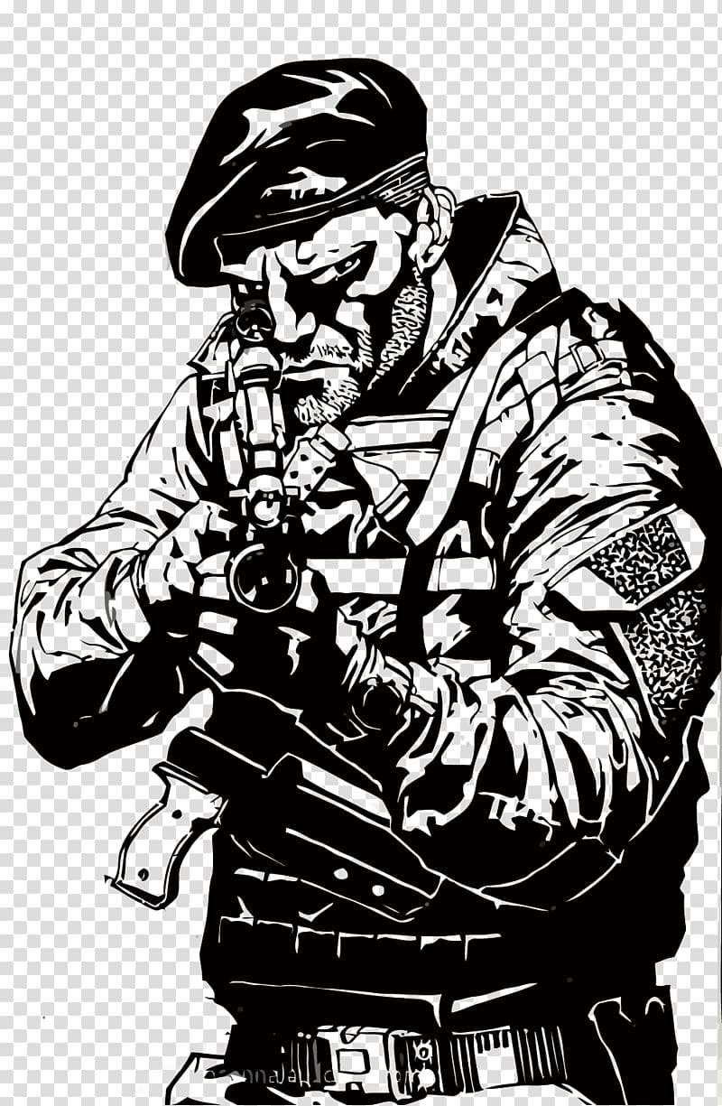 man holding gun illustration, Drawing The Expendables Soldier, attack the soldiers transparent background PNG clipart