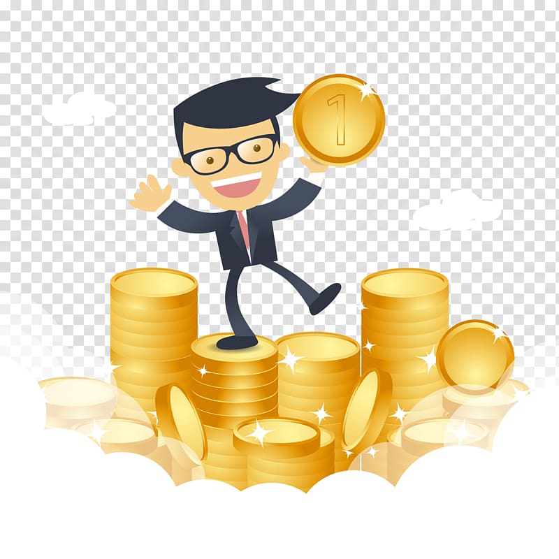 man on top of piled coins illustration, Happy businessman with money transparent background PNG clipart