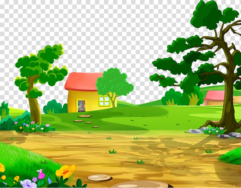 red and yellow house near green trees painting, Cartoon House Drawing, 2017 Cartoon tree house road transparent background PNG clipart